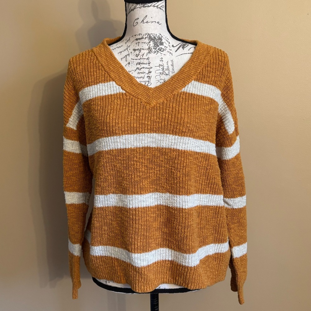 Sonoma Women's V-Neck Striped Sweater - Mustard & White